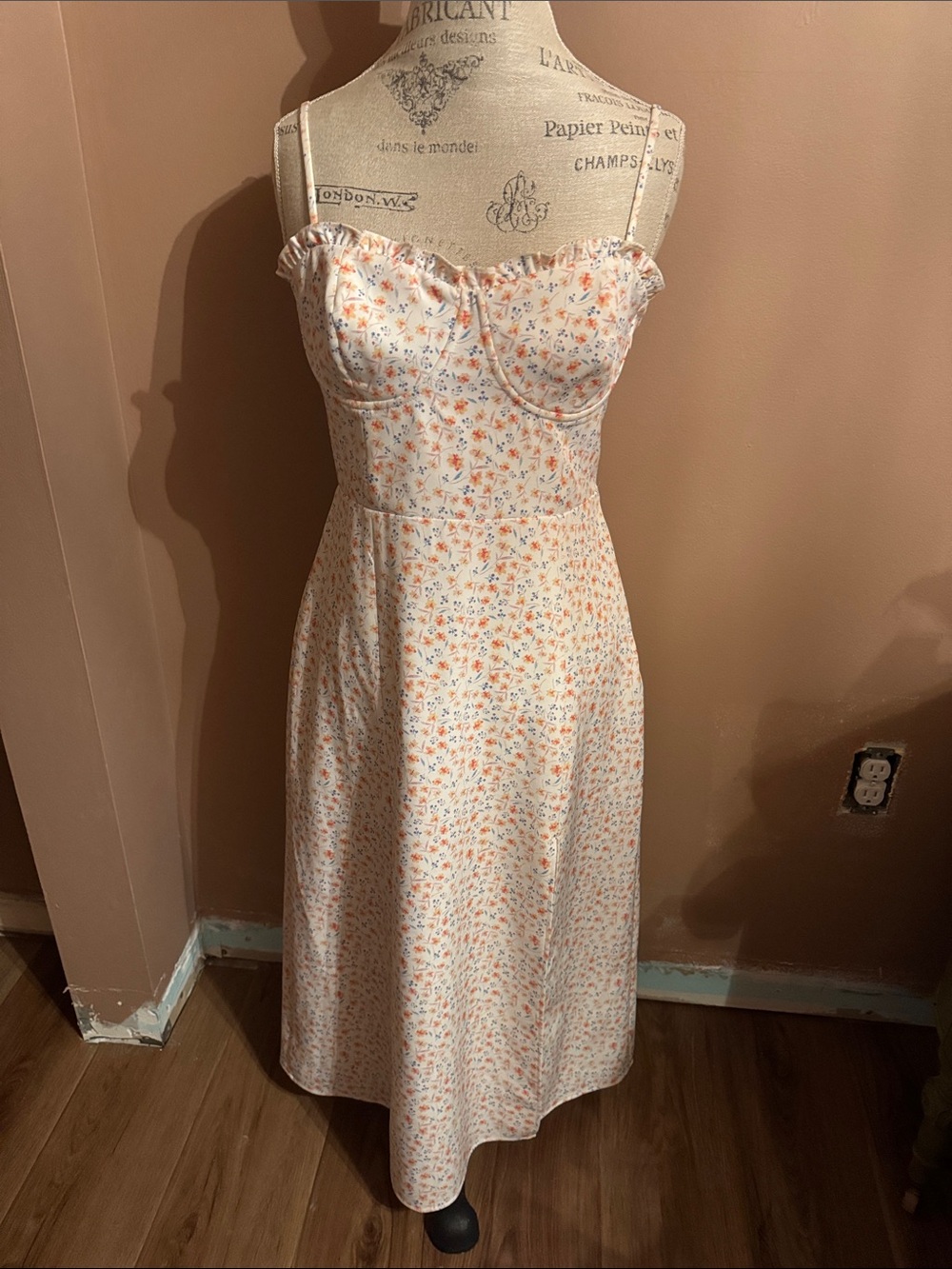 French Connection Cream Midi Dress with Orange & Blue Floral Print